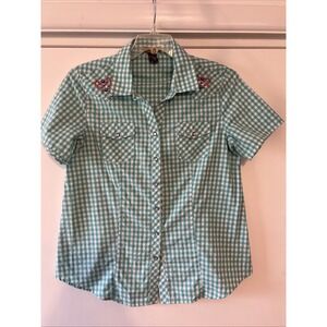 Bit Bridle Womens L Shirt Green Check Pearl Snaps Embroidered Country Western